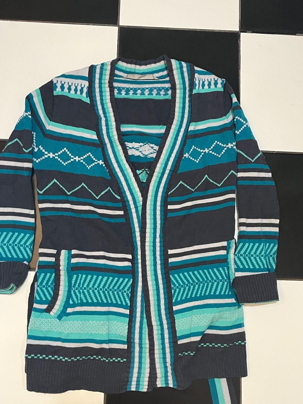 Athleta Wool Nylon Blend‎ Womens Medium Blue Gray Tie Waist Cardigan Sweater